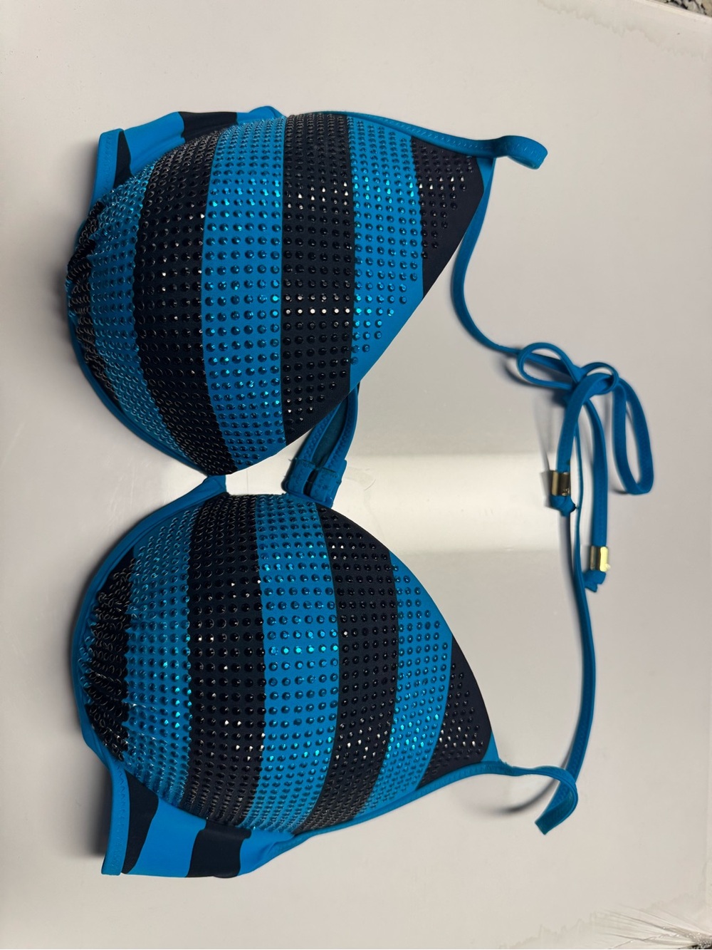 NWOT VS PINK Swim Bling Rhinestone Push Up Halter Bikini Top Blue Black Large